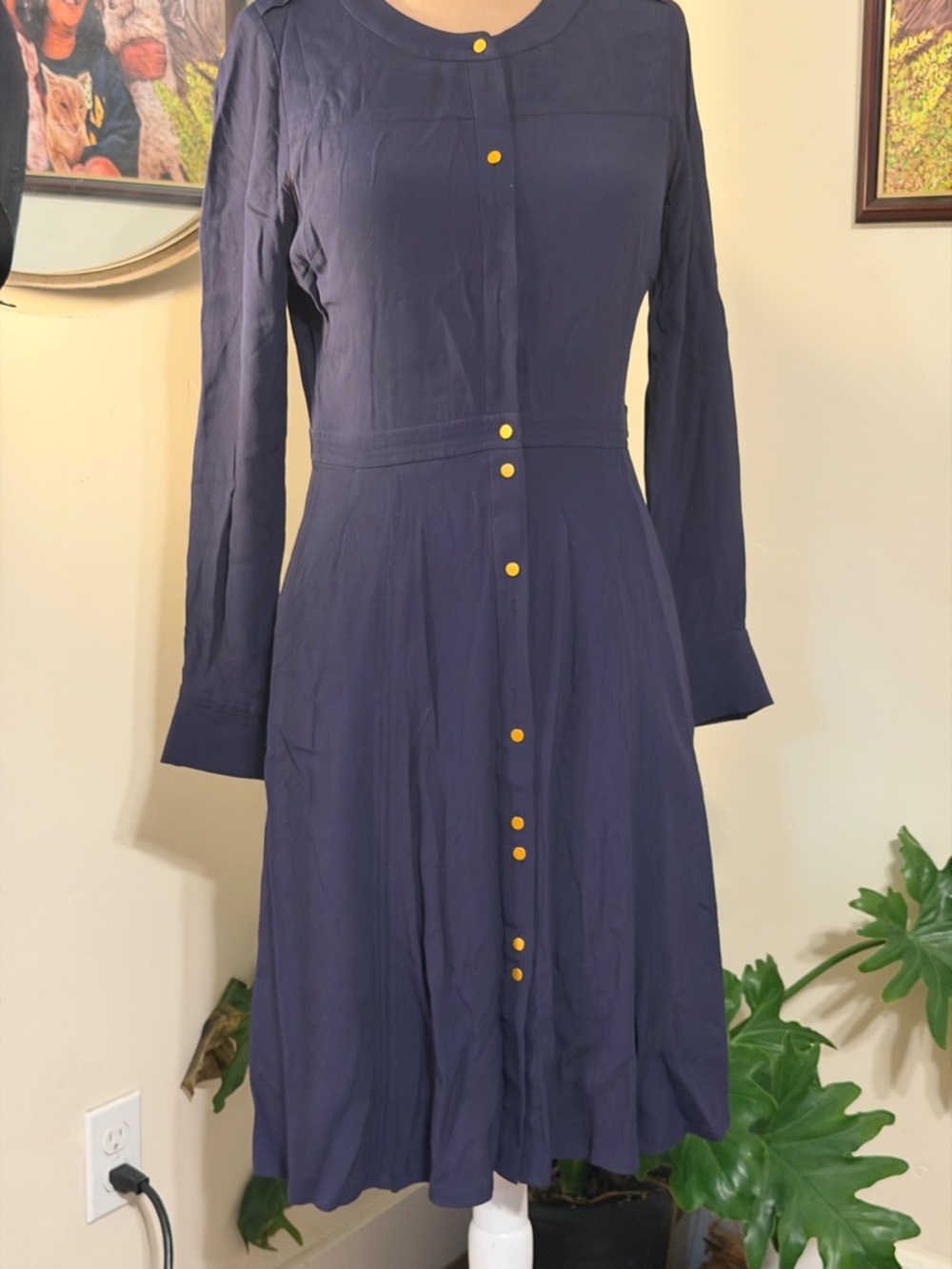 Boden Navy Long-Sleeve Dress with Yellow Buttons